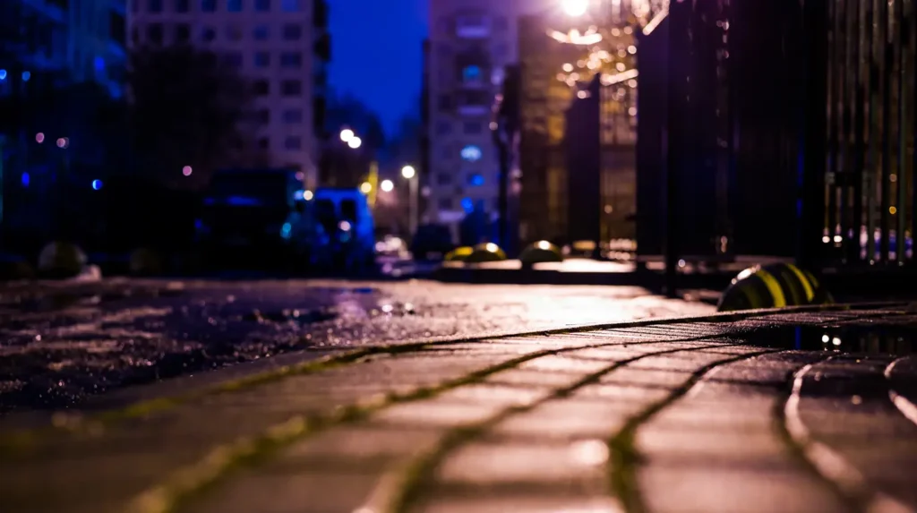 view of dimly lit street and sidewalk at night