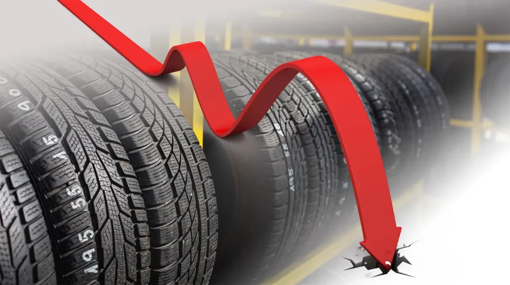 Arrow over row of tires to indicate the damage of tire theft