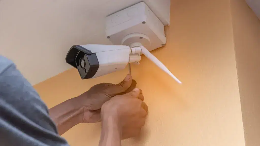 A person installing a security camera