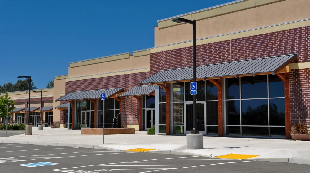 The front facade of a shopping center
