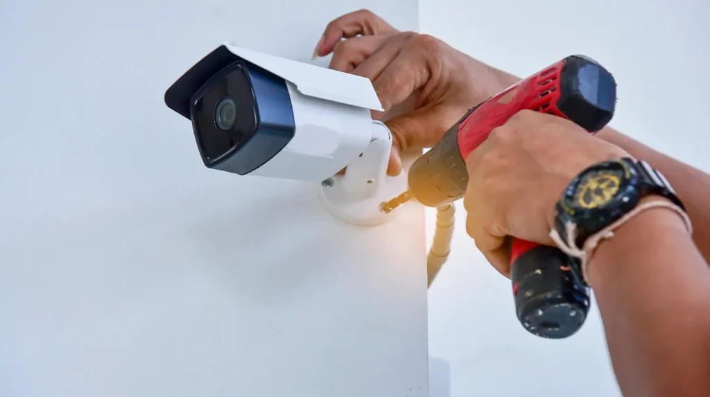 person installing a mobile security camera