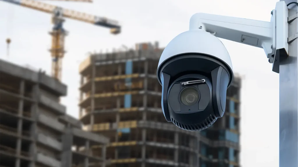 remote construction monitoring in front of two buildings under construction