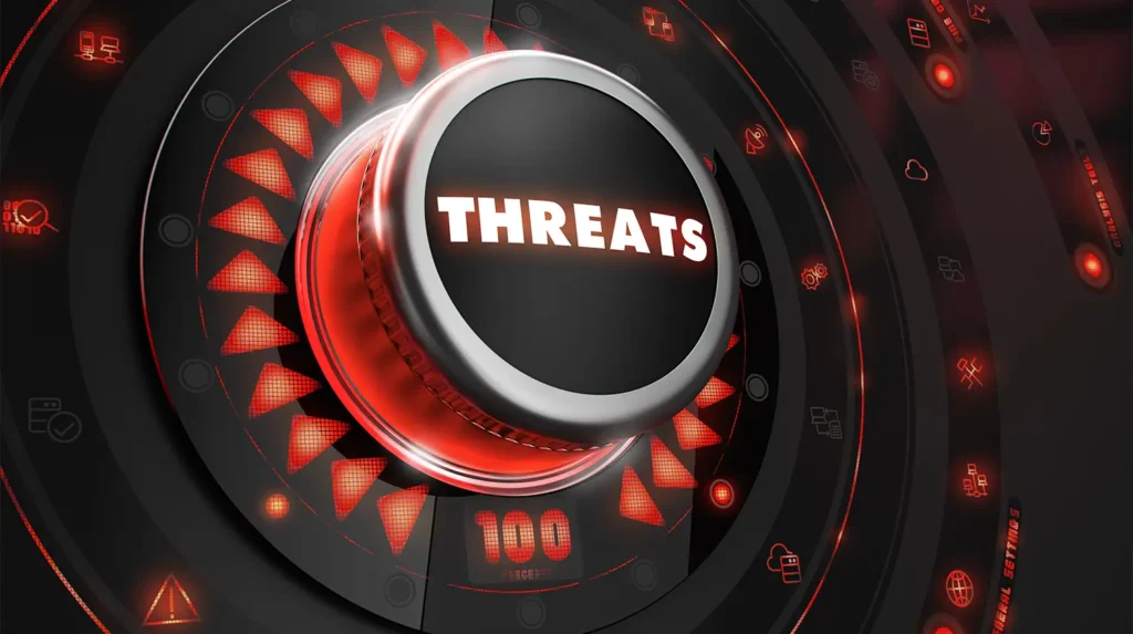 Button that says THREATS surrounded by red arrows and the number 100