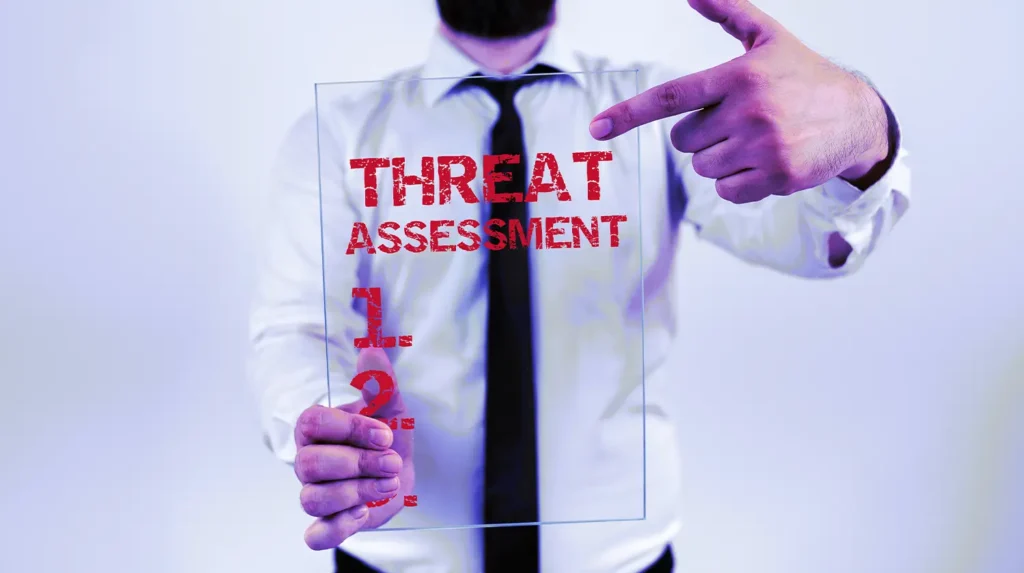 man in a white shirt and black tie holding a clear document that says THREAT ASSESSMENT in red letters