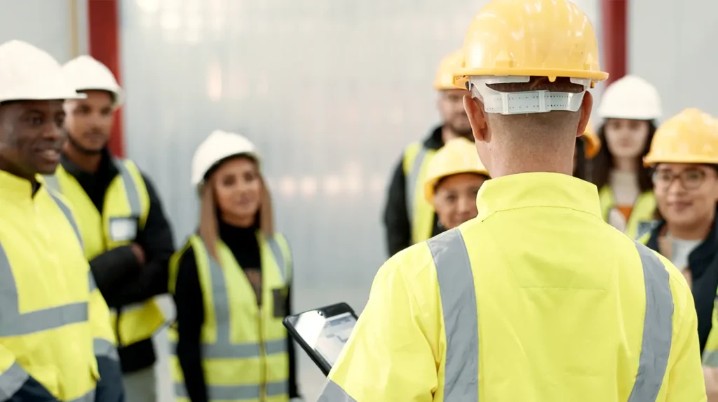 A group of workers in yellow hardhats and reflective vests